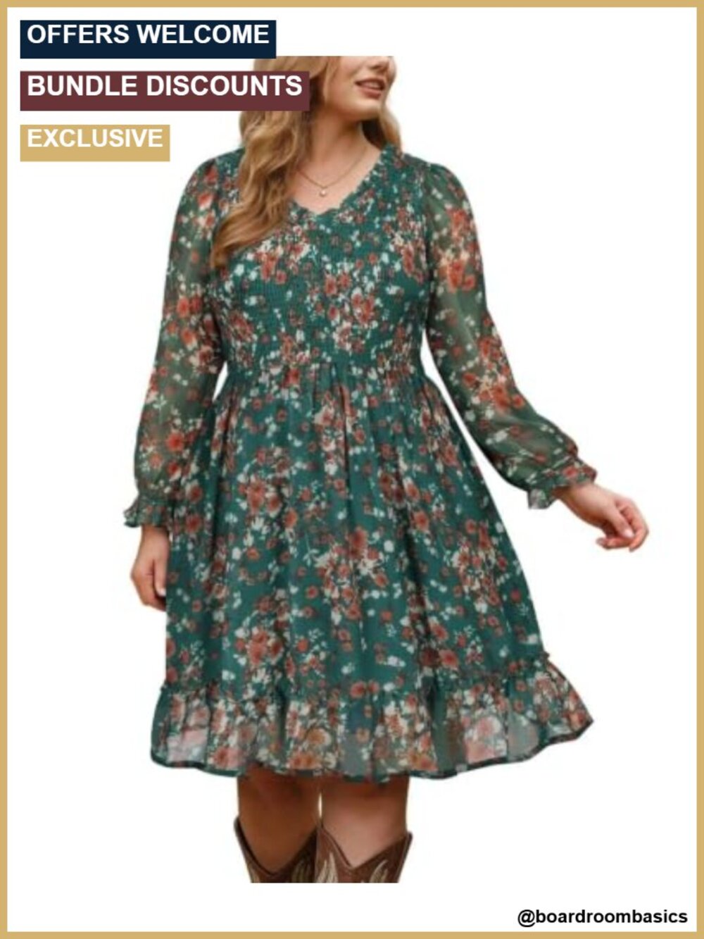 Plus Size Floral Chiffon Midi Dress V-Neck Long Sleeve A-Line